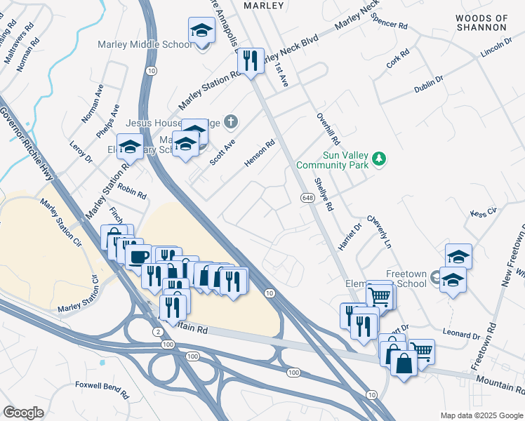 map of restaurants, bars, coffee shops, grocery stores, and more near 7811 Bruton Drive in Glen Burnie