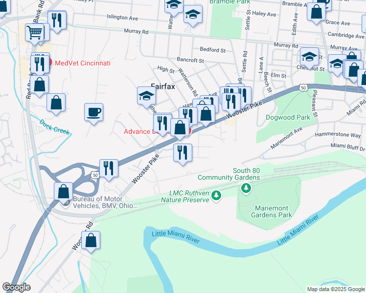 map of restaurants, bars, coffee shops, grocery stores, and more near 5729 Dragon Way in Cincinnati