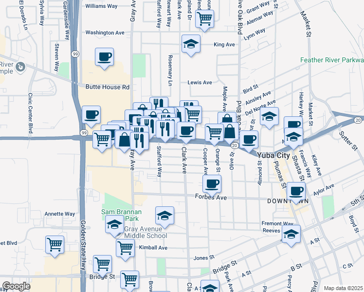 map of restaurants, bars, coffee shops, grocery stores, and more near 742-840 Ellis Way in Yuba City