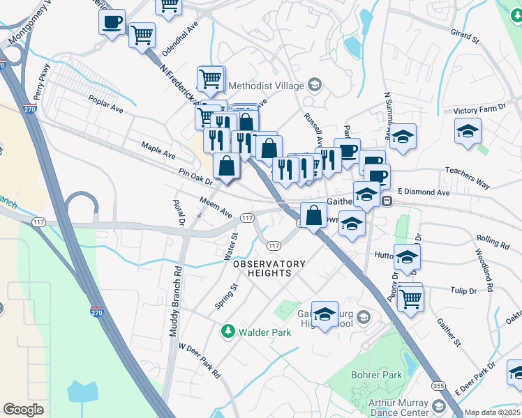 map of restaurants, bars, coffee shops, grocery stores, and more near 24 West Diamond Avenue in Gaithersburg