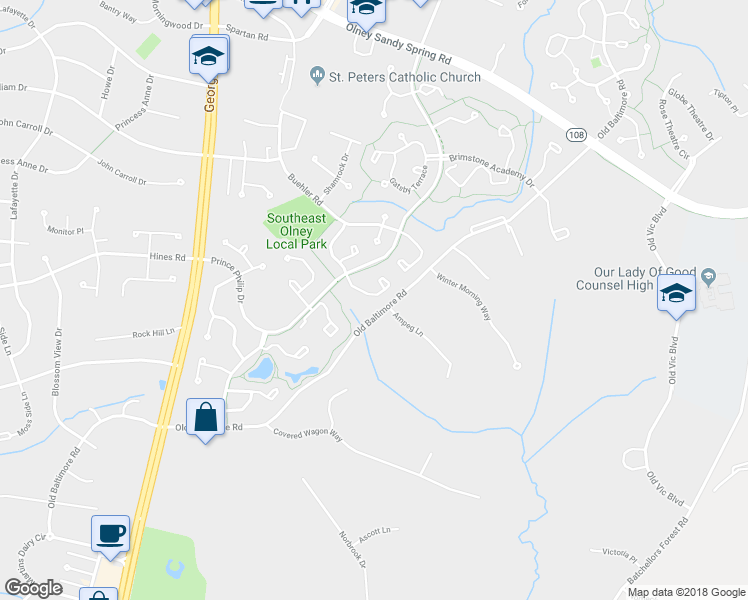 map of restaurants, bars, coffee shops, grocery stores, and more near 17418 Saint Theresa Drive in Olney