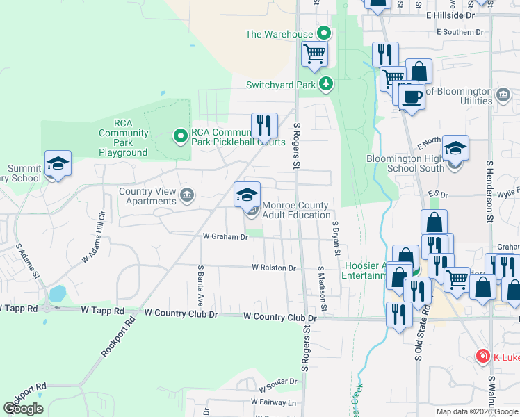 map of restaurants, bars, coffee shops, grocery stores, and more near 6 South Ford Avenue in Bloomington