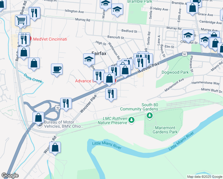 map of restaurants, bars, coffee shops, grocery stores, and more near 5817 Eleanor Street in Cincinnati