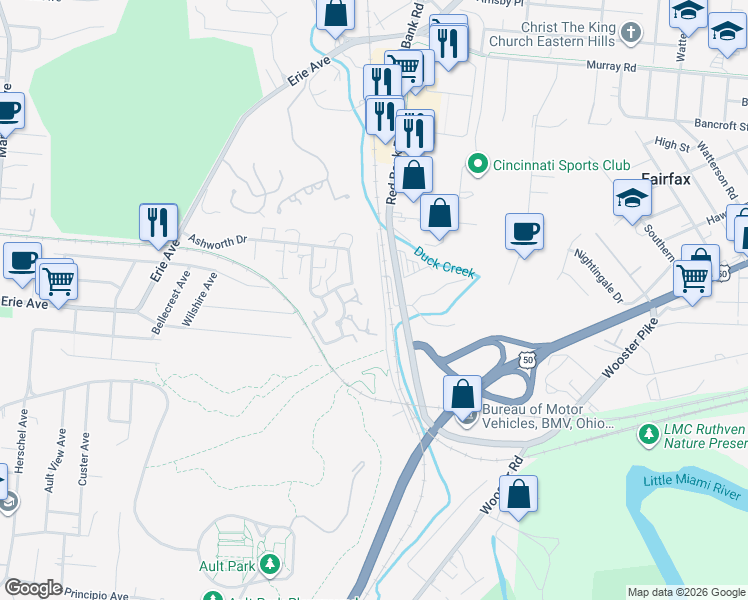 map of restaurants, bars, coffee shops, grocery stores, and more near 3494 Forestoak Court in Cincinnati
