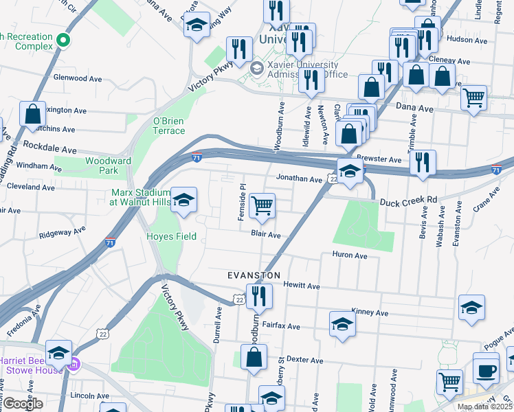 map of restaurants, bars, coffee shops, grocery stores, and more near 3426 Woodburn Avenue in Cincinnati