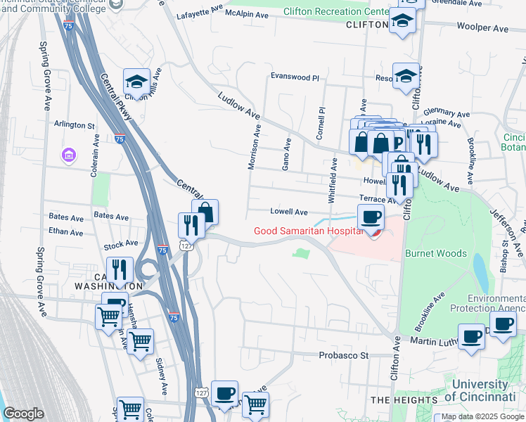 map of restaurants, bars, coffee shops, grocery stores, and more near 571 Lowell Avenue in Cincinnati