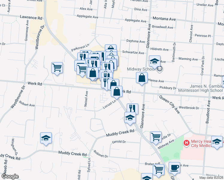 map of restaurants, bars, coffee shops, grocery stores, and more near 5984 Glenway Avenue in Cincinnati