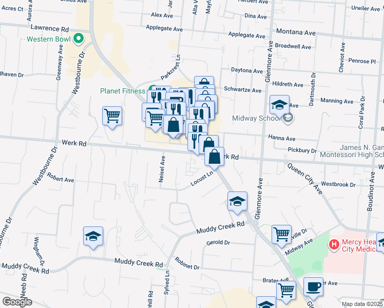 map of restaurants, bars, coffee shops, grocery stores, and more near 3509 Werk Road in Cincinnati