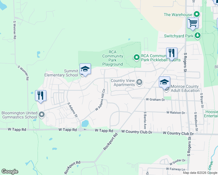map of restaurants, bars, coffee shops, grocery stores, and more near 2435 South Woolery Mill Drive in Bloomington