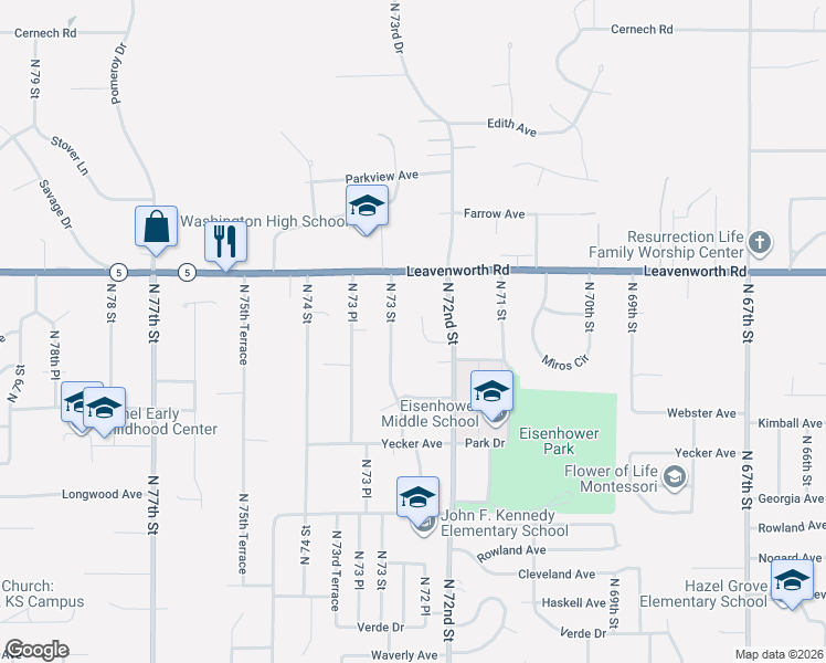 map of restaurants, bars, coffee shops, grocery stores, and more near 2945 North 73rd Street in Kansas City