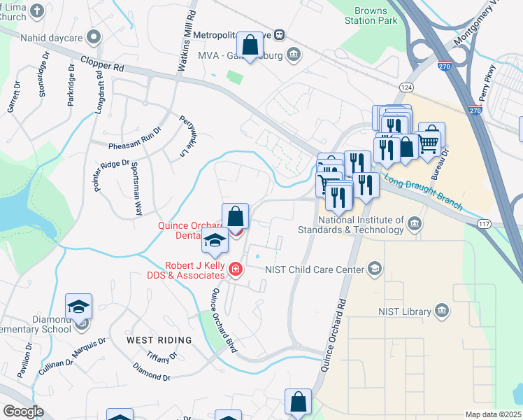 map of restaurants, bars, coffee shops, grocery stores, and more near 784 Quince Orchard Boulevard in Gaithersburg