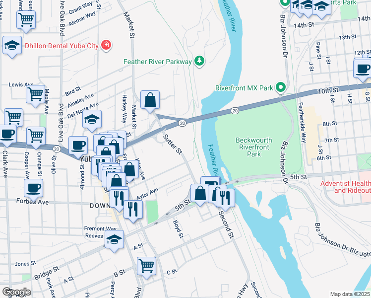 map of restaurants, bars, coffee shops, grocery stores, and more near 207 Teegarden Avenue in Yuba City