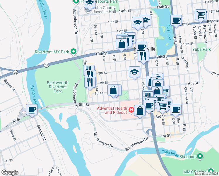 map of restaurants, bars, coffee shops, grocery stores, and more near 819 6th Street in Marysville