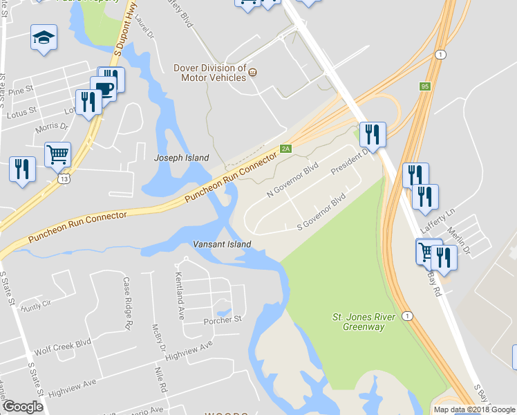 map of restaurants, bars, coffee shops, grocery stores, and more near 228 North Governors Boulevard in Dover