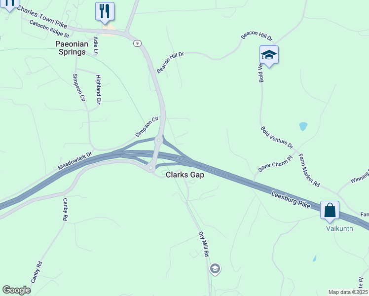 map of restaurants, bars, coffee shops, grocery stores, and more near 17158 Bridge View Court in Paeonian Springs