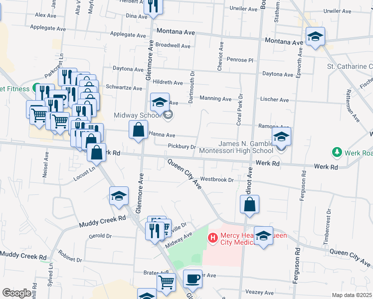 map of restaurants, bars, coffee shops, grocery stores, and more near 3215 Pickbury Drive in Cincinnati