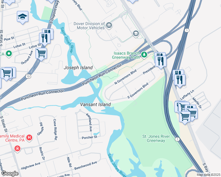 map of restaurants, bars, coffee shops, grocery stores, and more near 228 North Governors Boulevard in Dover