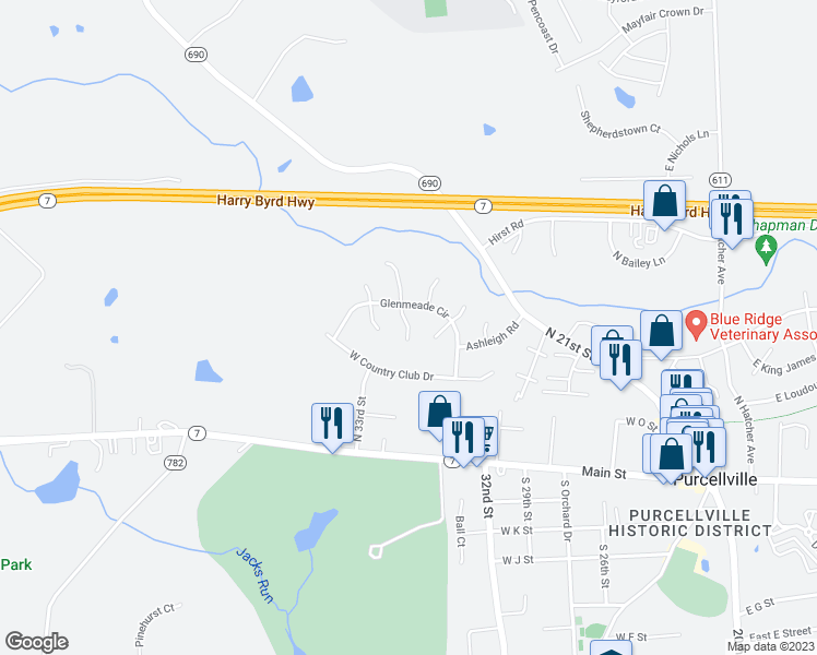 map of restaurants, bars, coffee shops, grocery stores, and more near 309 Burnleigh Court in Purcellville