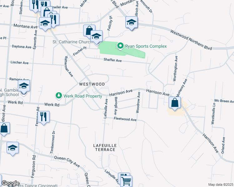 map of restaurants, bars, coffee shops, grocery stores, and more near 2648 Harrison Avenue in Cincinnati