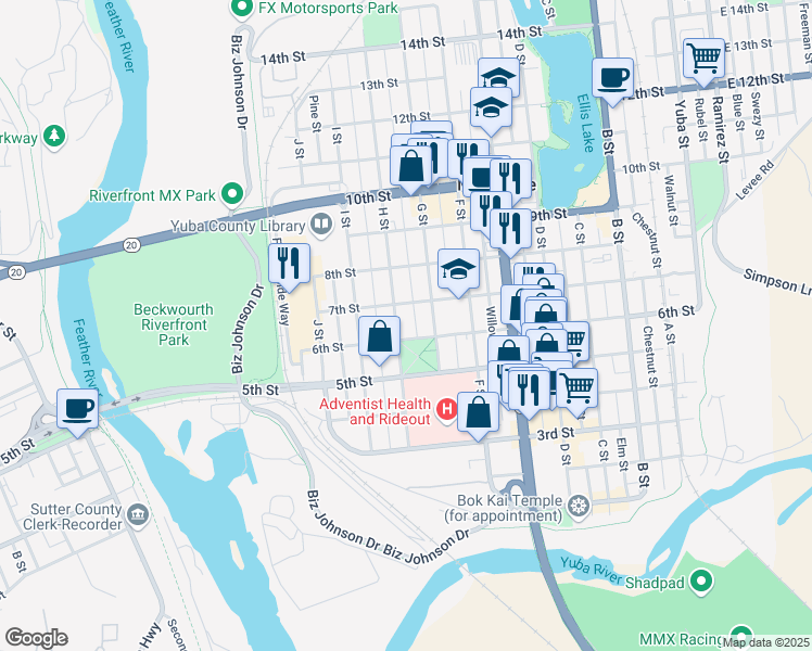 map of restaurants, bars, coffee shops, grocery stores, and more near 717 6th Street in Marysville