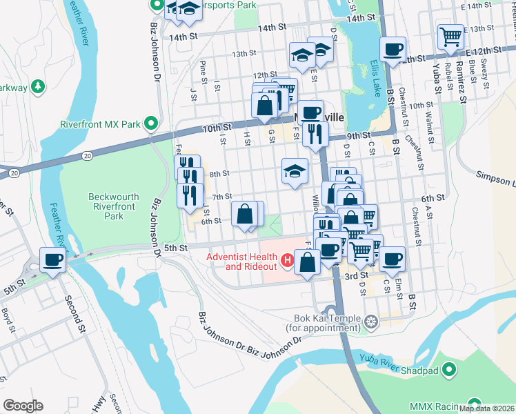 map of restaurants, bars, coffee shops, grocery stores, and more near 717 6th Street in Marysville