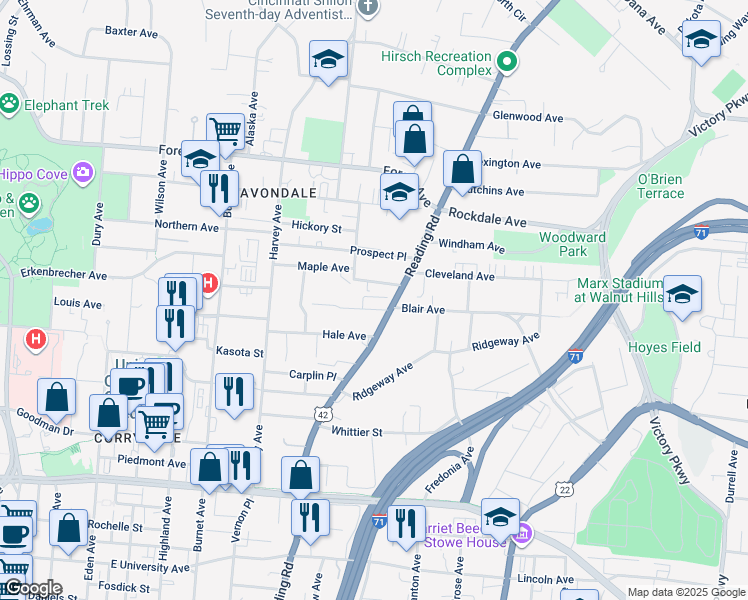 map of restaurants, bars, coffee shops, grocery stores, and more near in Cincinnati