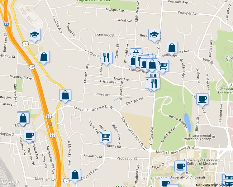 map of restaurants, bars, coffee shops, grocery stores, and more near 523 Lowell Avenue in Cincinnati