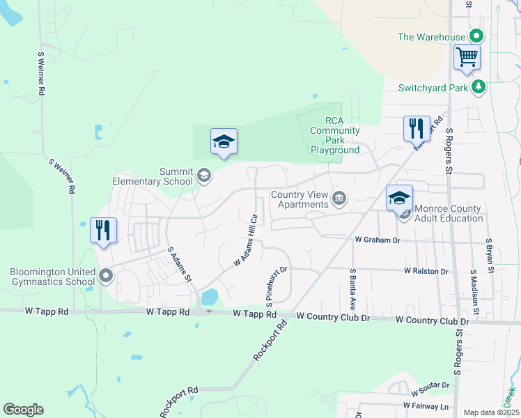 map of restaurants, bars, coffee shops, grocery stores, and more near 2435 South Woolery Mill Drive in Bloomington