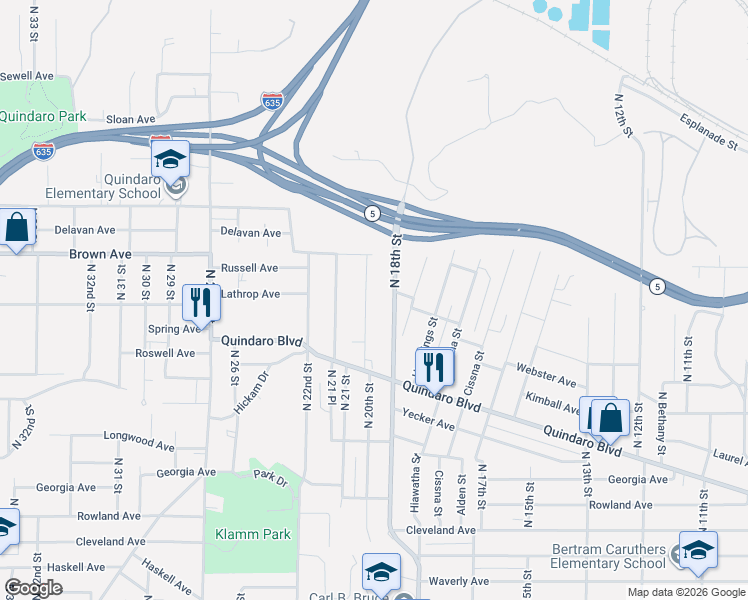 map of restaurants, bars, coffee shops, grocery stores, and more near 3042 North 18th Street in Kansas City