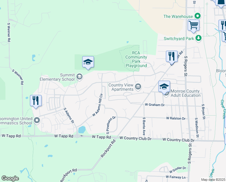 map of restaurants, bars, coffee shops, grocery stores, and more near 2510 South Rockport Road in Bloomington