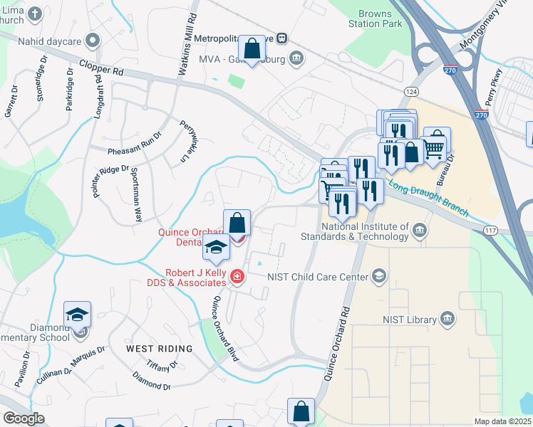 map of restaurants, bars, coffee shops, grocery stores, and more near 760 Quince Orchard Boulevard in Gaithersburg