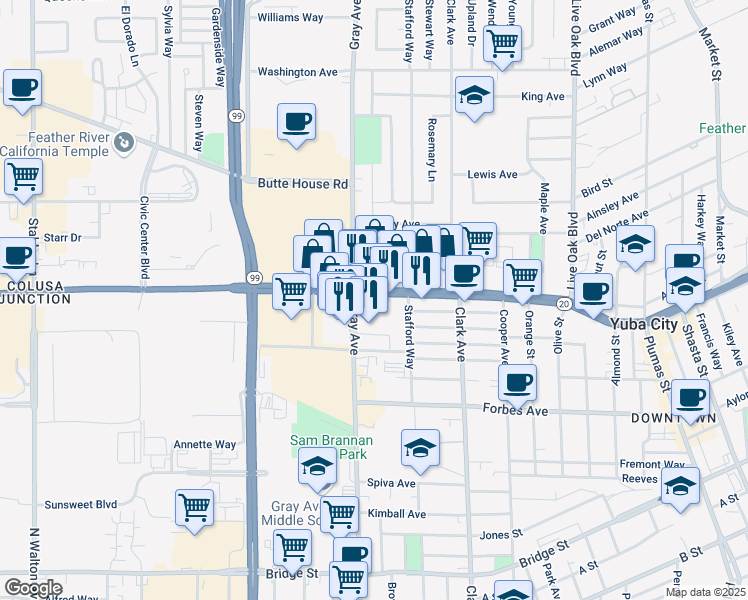 map of restaurants, bars, coffee shops, grocery stores, and more near 866 Colusa Ave in Yuba City