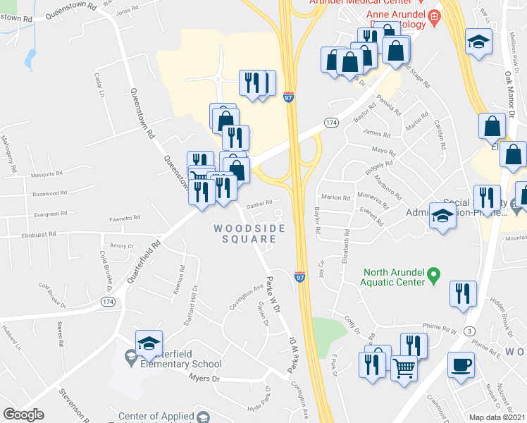 map of restaurants, bars, coffee shops, grocery stores, and more near 440 West Court in Glen Burnie