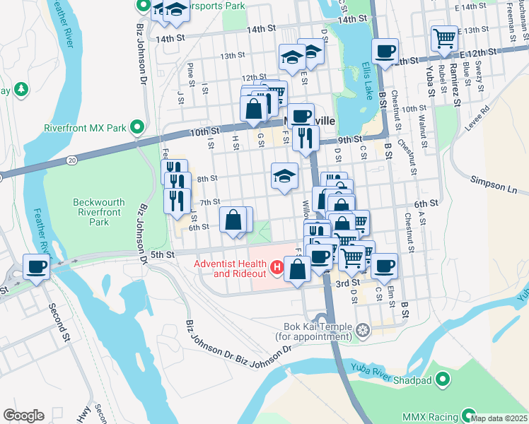 map of restaurants, bars, coffee shops, grocery stores, and more near 612 G Street in Marysville