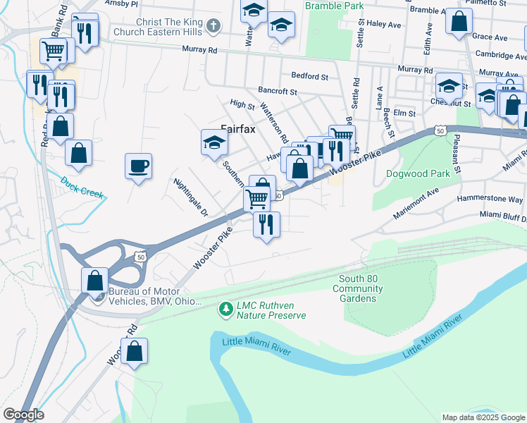 map of restaurants, bars, coffee shops, grocery stores, and more near 5729 Dragon Way in Cincinnati