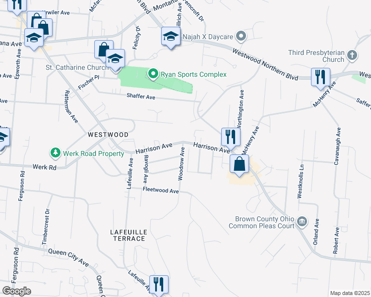 map of restaurants, bars, coffee shops, grocery stores, and more near 2986 Woodrow Avenue in Cincinnati
