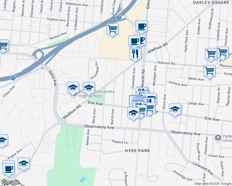 map of restaurants, bars, coffee shops, grocery stores, and more near 3522 Burch Avenue in Cincinnati