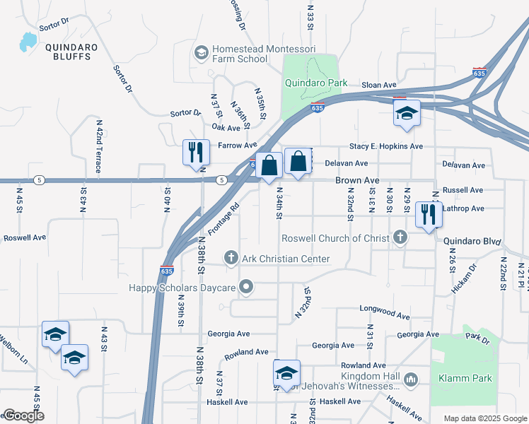 map of restaurants, bars, coffee shops, grocery stores, and more near 2957 North 35th Street in Kansas City