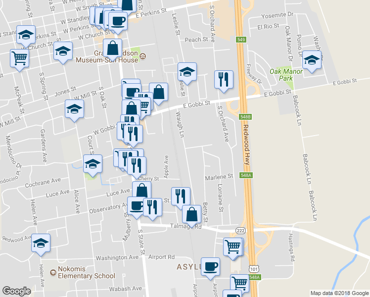 map of restaurants, bars, coffee shops, grocery stores, and more near 799 Waugh Lane in Ukiah