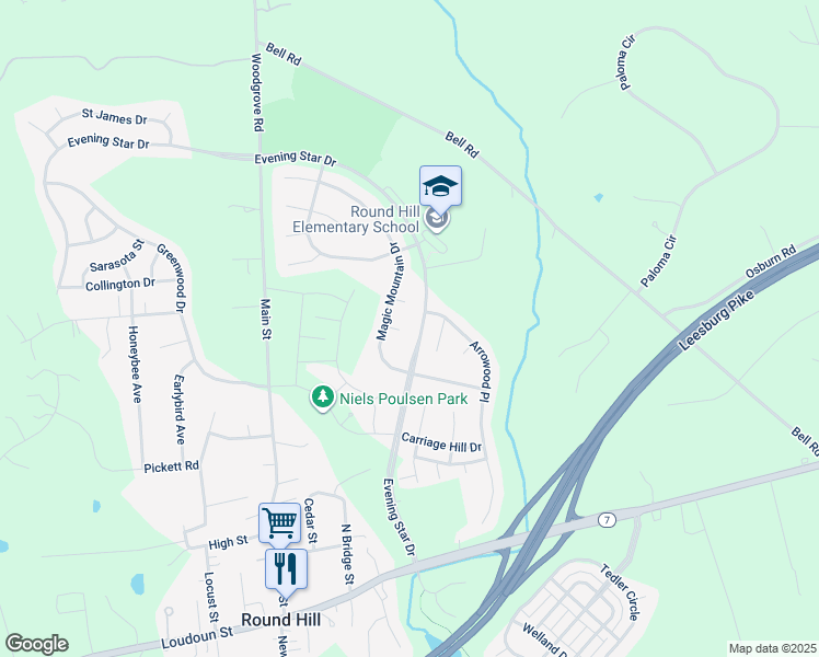 map of restaurants, bars, coffee shops, grocery stores, and more near 35862 Bentridge Court in Round Hill