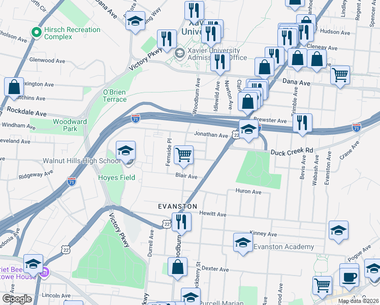 map of restaurants, bars, coffee shops, grocery stores, and more near 3426 Woodburn Avenue in Cincinnati