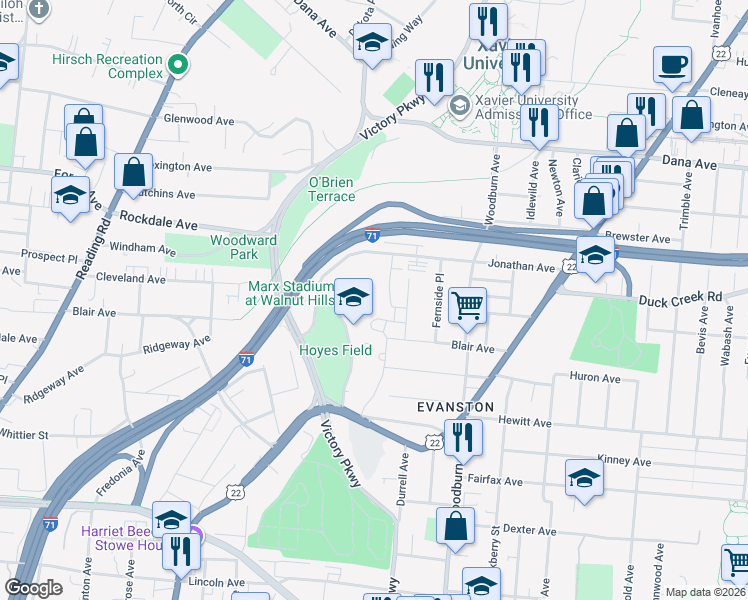 map of restaurants, bars, coffee shops, grocery stores, and more near 3250 Victory Parkway in Cincinnati