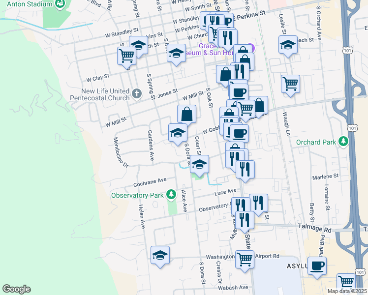 map of restaurants, bars, coffee shops, grocery stores, and more near 790 South Dora Street in Ukiah