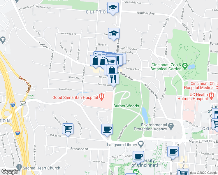 map of restaurants, bars, coffee shops, grocery stores, and more near 379 Dixmyth Avenue in Cincinnati