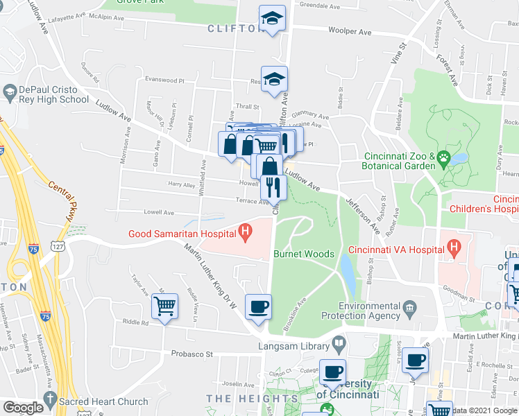 map of restaurants, bars, coffee shops, grocery stores, and more near 379 Dixmyth Avenue in Cincinnati
