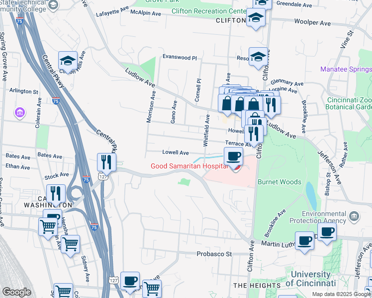 map of restaurants, bars, coffee shops, grocery stores, and more near 523 Lowell Avenue in Cincinnati