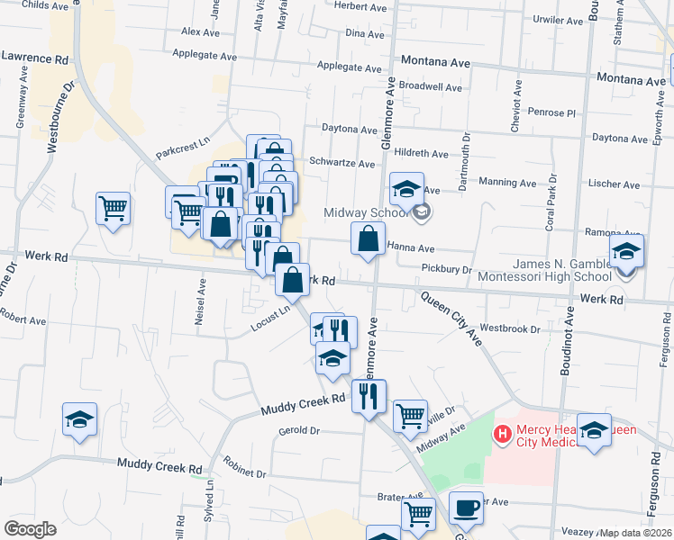 map of restaurants, bars, coffee shops, grocery stores, and more near 3331 Werk Road in Cincinnati