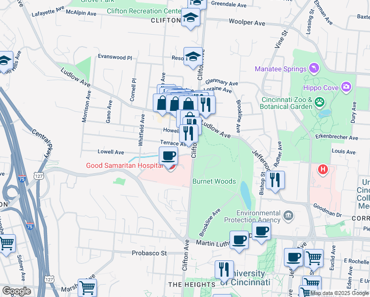 map of restaurants, bars, coffee shops, grocery stores, and more near 315 Terrace Avenue in Cincinnati