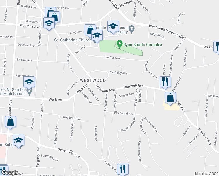 map of restaurants, bars, coffee shops, grocery stores, and more near 2663 Harrison Avenue in Cincinnati