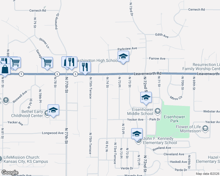 map of restaurants, bars, coffee shops, grocery stores, and more near 2943 North 74 Street in Kansas City